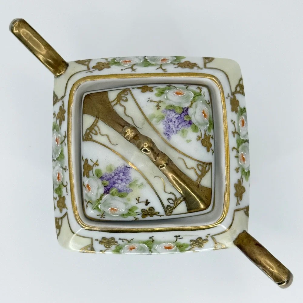 Vintage Silesia Porcelain Sugar Bowl with Lid Gold Gilt Floral Design‎ Coquette